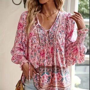 NWOT Floral Lantern Long Sleeve V-Neck Blouse-Tie Detail Top for Fall Size L